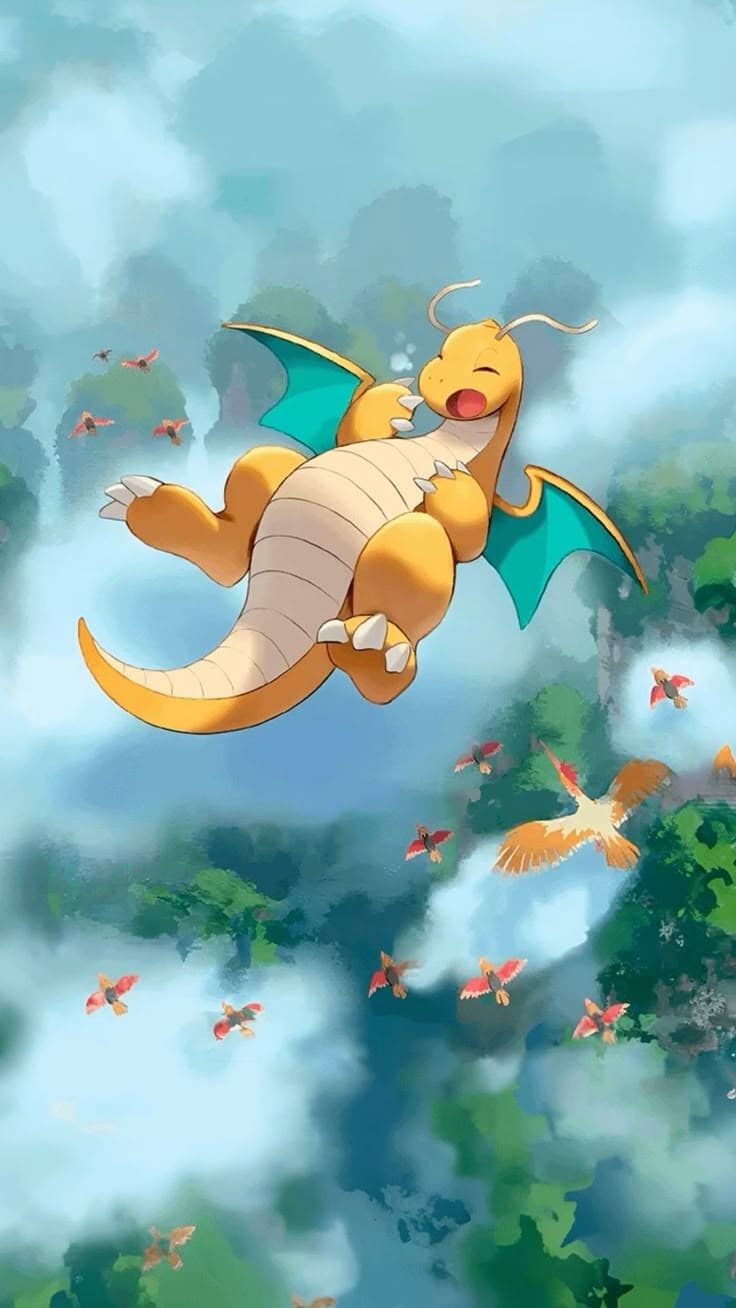 Pokémon illustration with Dragonite and Ho-Oh over misty mountains